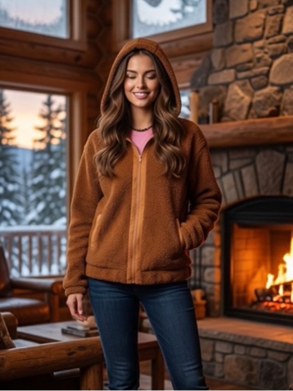 Sherpa Hooded Brown / Fleece Jacket fully lined zip up & pockets NWT Boutique